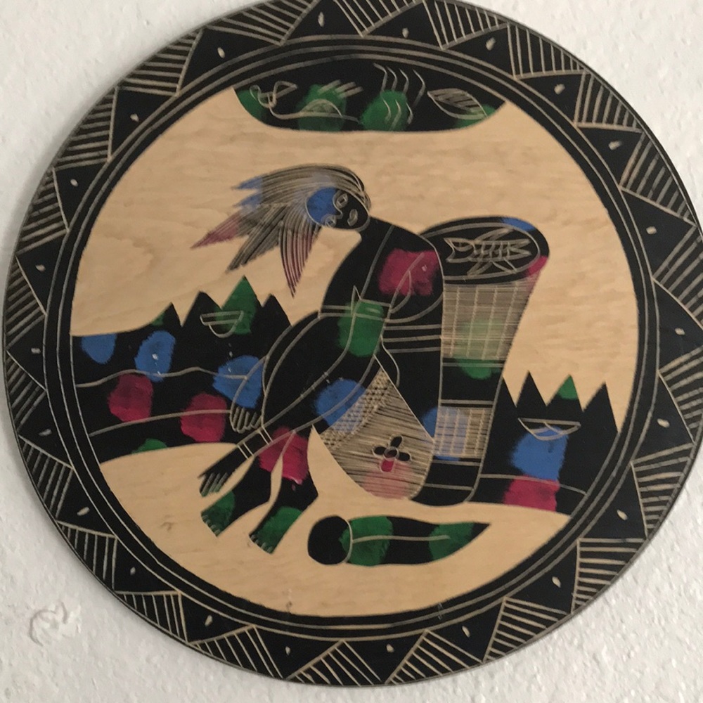 Wood Carved Wall Decor Woman/Basket/Fish Scene